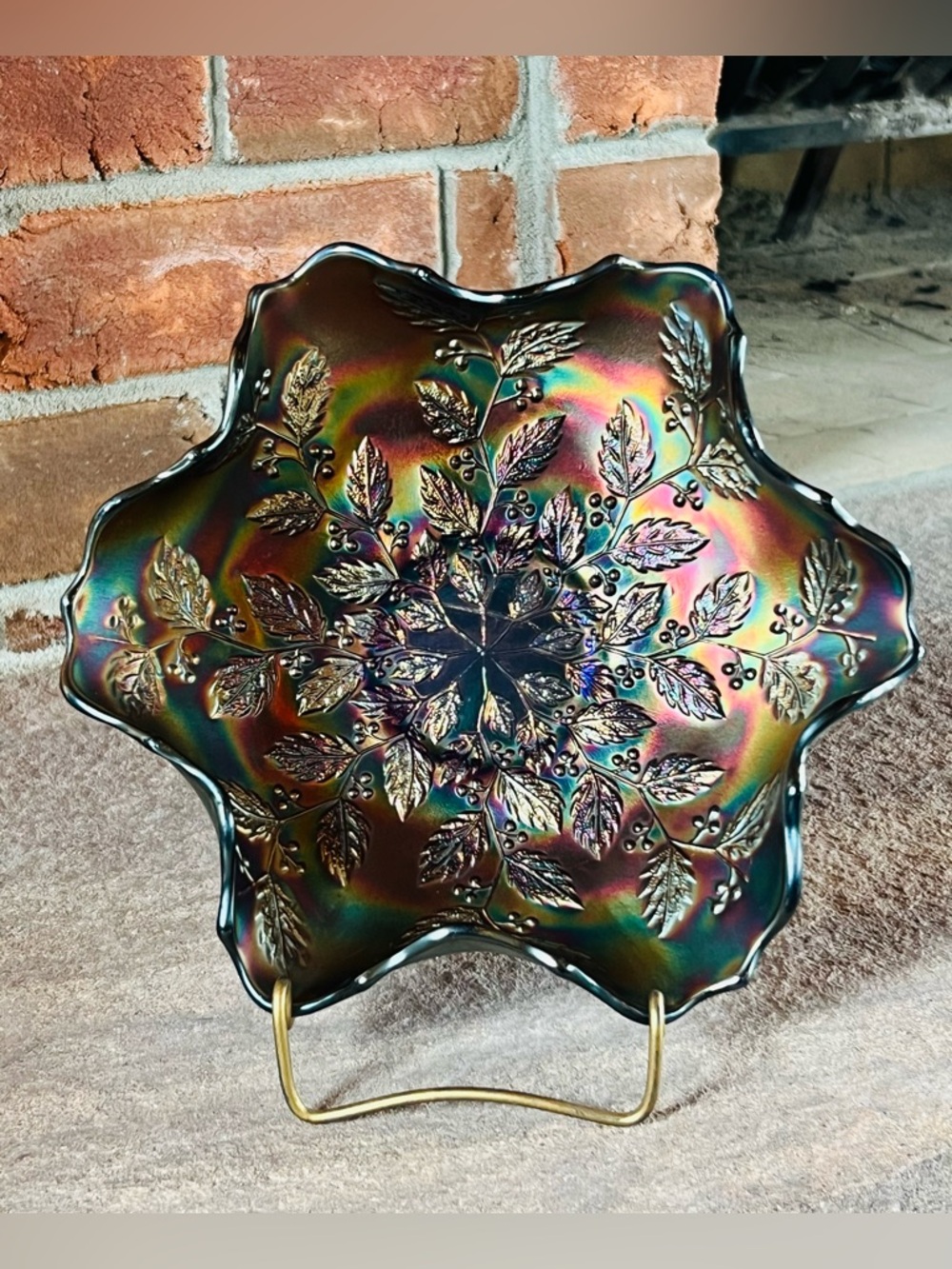 Fenton Carnival Glass Bowl Vintage Cobalt Blue Ruffled Holly & Berry